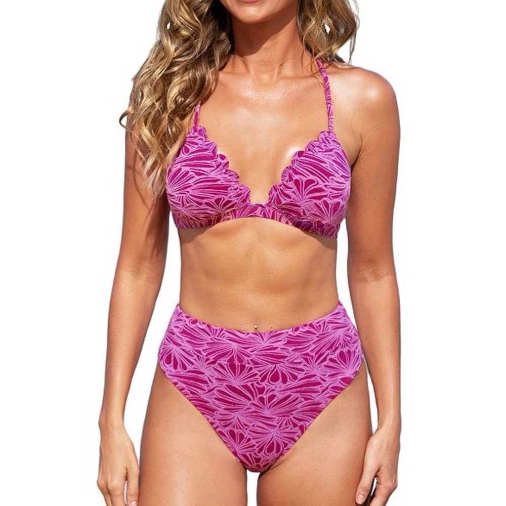 Cupshe V-neck Scalloped High Waisted Pink Floral Bikini Set Large New with Tags